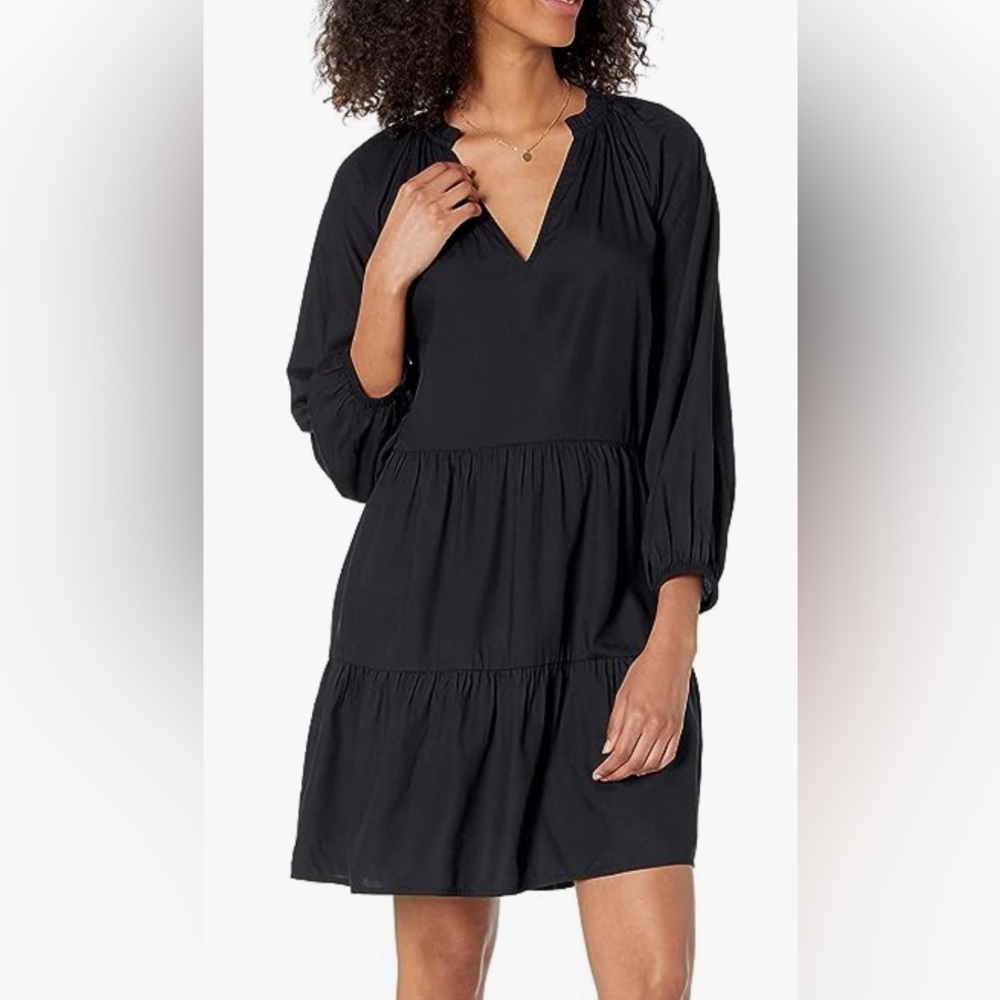 The Drop Women's Black Long Sleeve V-Neck Tiered Midi Dress Size XS